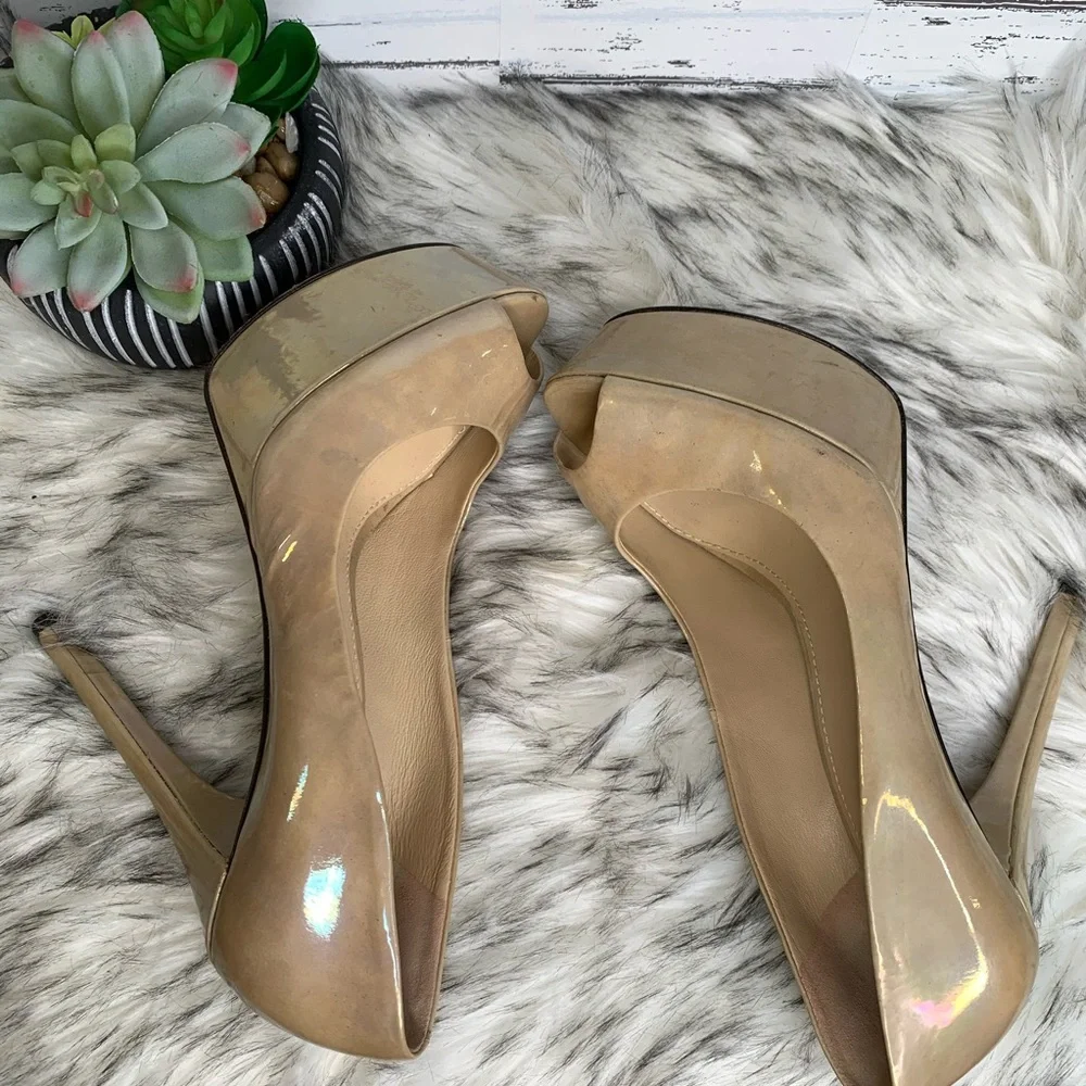 BRIAN ATWOOD Nude Designer Patent Leather Open Toe Platform Heels *AS IS*, 8